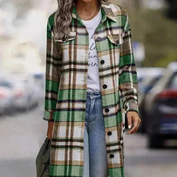 Green Elegant Women's Plaid Long Sleeve Button Up Flannel Shirt Shacket - Picture 1 of 4